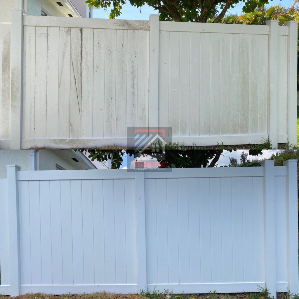 Vinyl fence before and after removing algae stains
