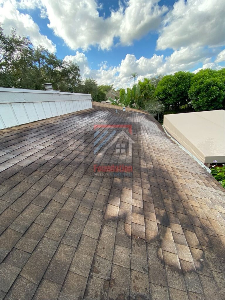 Roof with dark algae streaks during soft wash treatment
