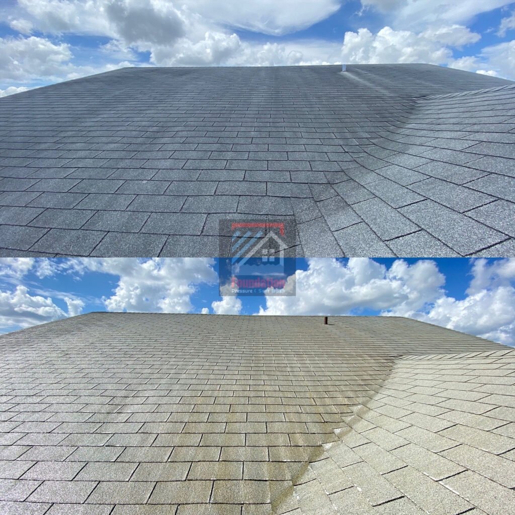 Before and after roof cleaning by Foundation Pressure & Soft Wash