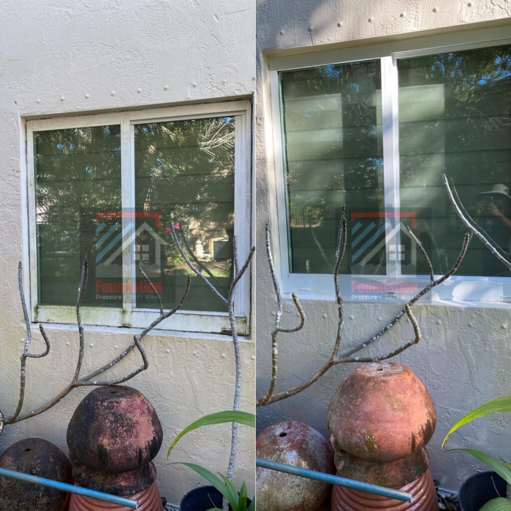Before and after window cleaning by Foundation Pressure & Soft Wash